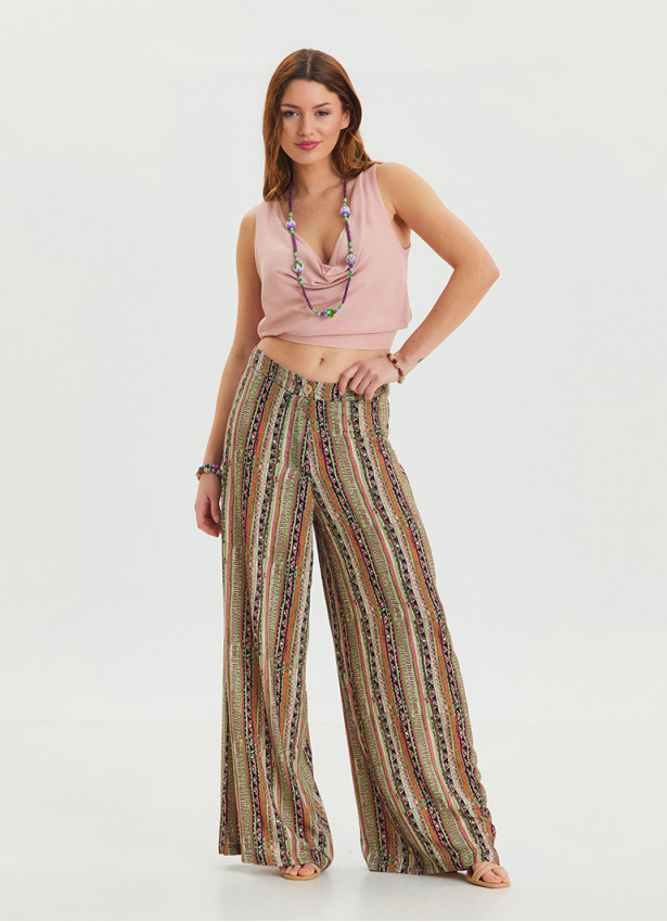 High Waist Loose Cut Khaki Palazzo Trousers 4537
